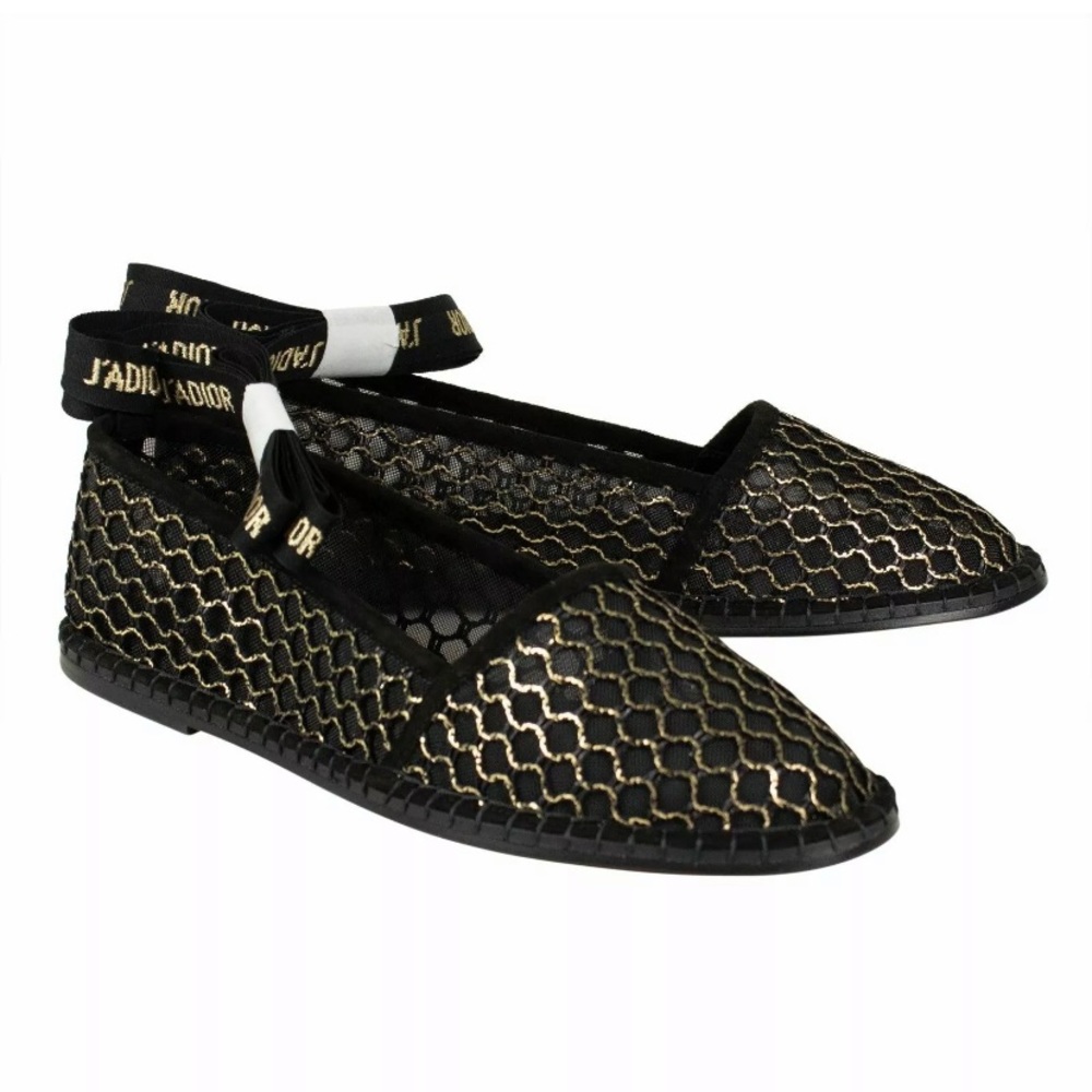 NIB DIOR Black/Gold Mesh Ballet Flats Shoes 7.5